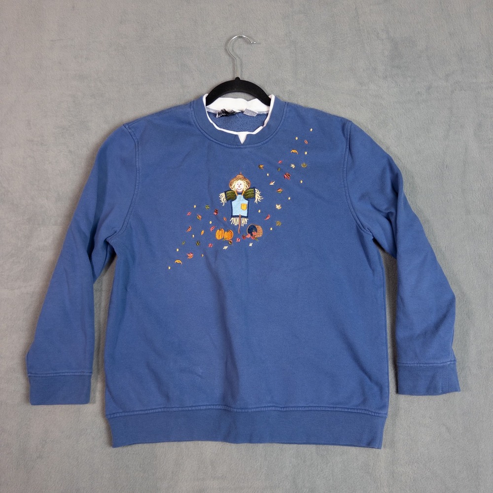 Speculation Sweatshirt Womens L Blue Embroidered Scarecrow Fall Autumn